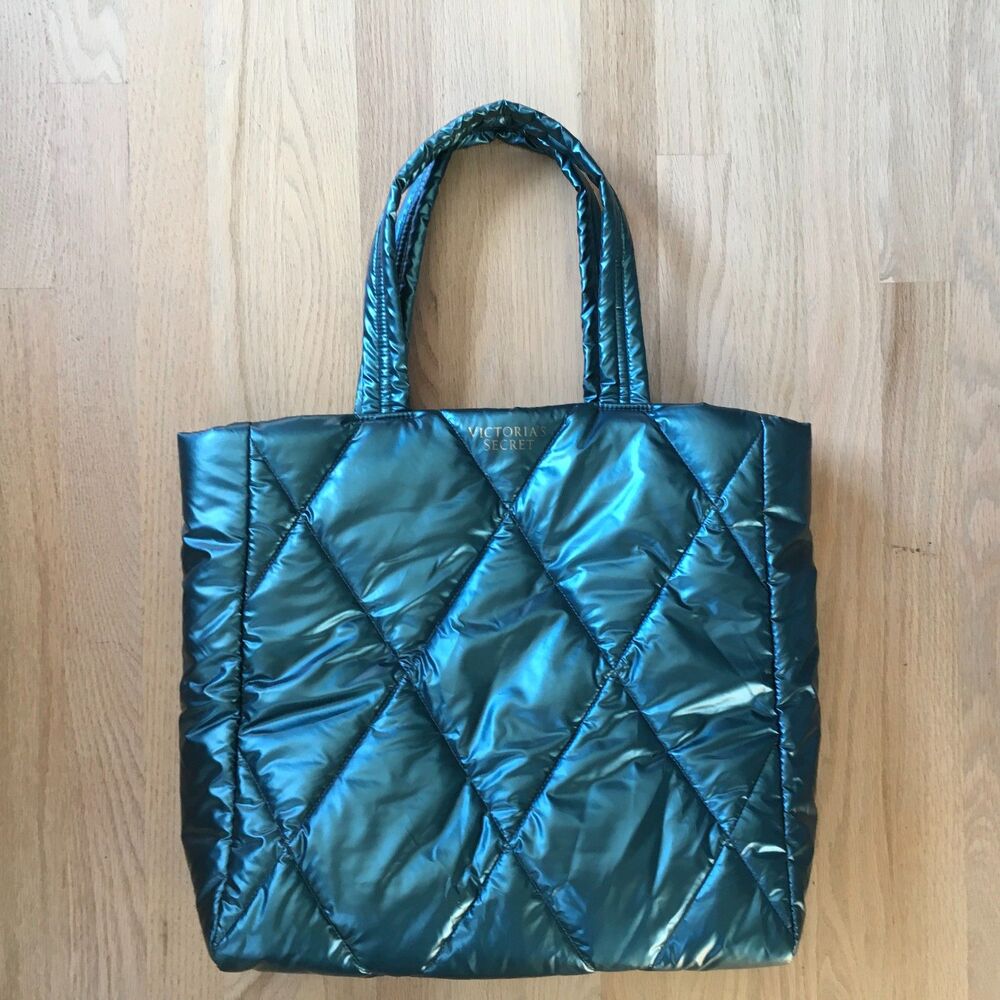 Victoria's Secret Tote Bag Metallic Teal Puffer Large Shoulder Bag MermaidCore
